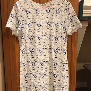 Blue & White Sans Souci Floral Lace Overlay Dress